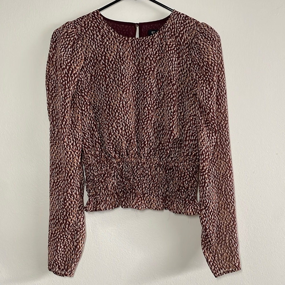 Express Cropped Long Sleeve Printed Blouse Top Metallic Accents